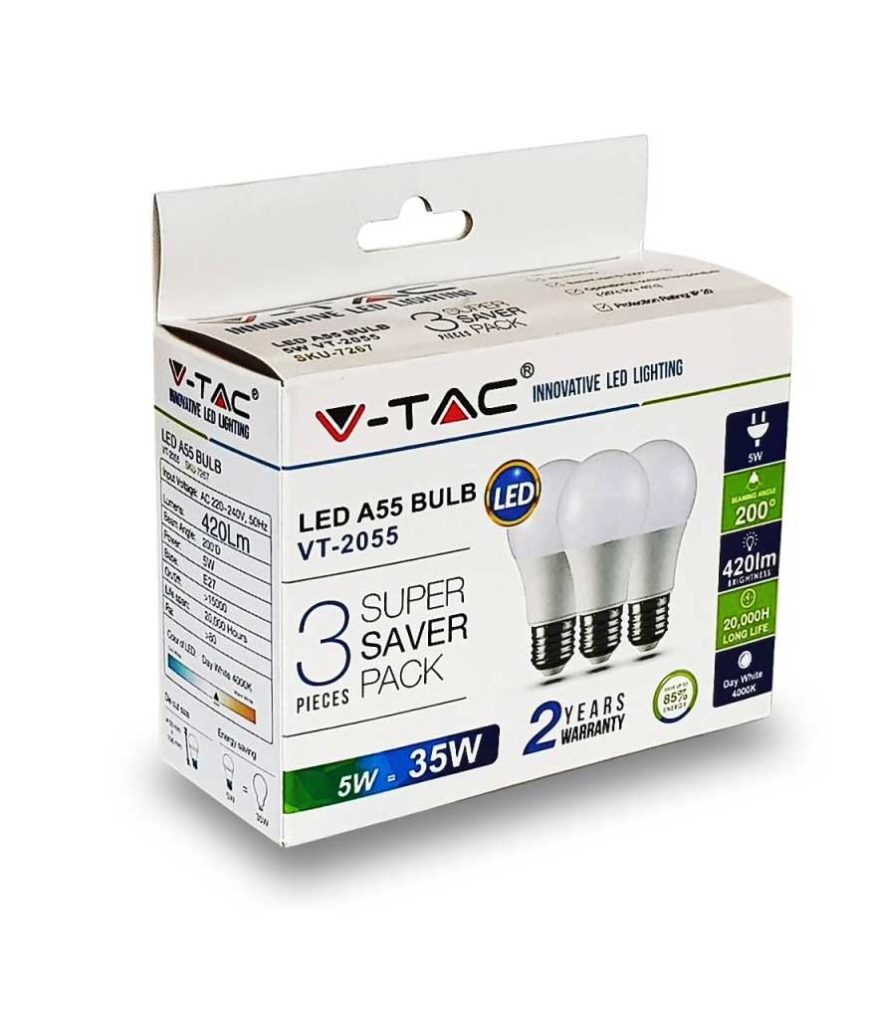 LED Λάμπα E27 A55 5W V-TAC Θερμό Λευκό 2700K - 7266