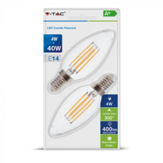 LED Λάμπα E14 4W Filament Clear Cover V-TAC 2 τμχ Θερμό Λευκό 2700K - 7365
